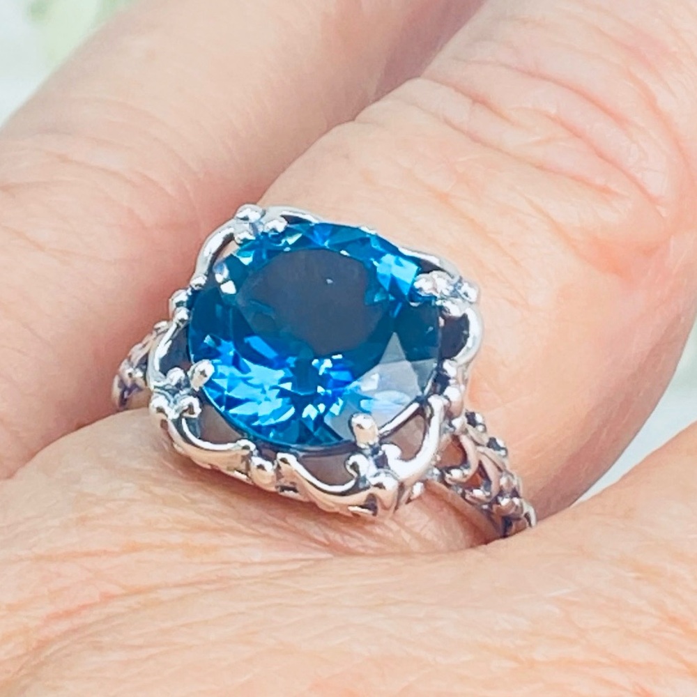 London Blue Topaz Ring 7ct Round Cut Natural Topaz Victorian Ornate Filigree - Picture 10 of 10